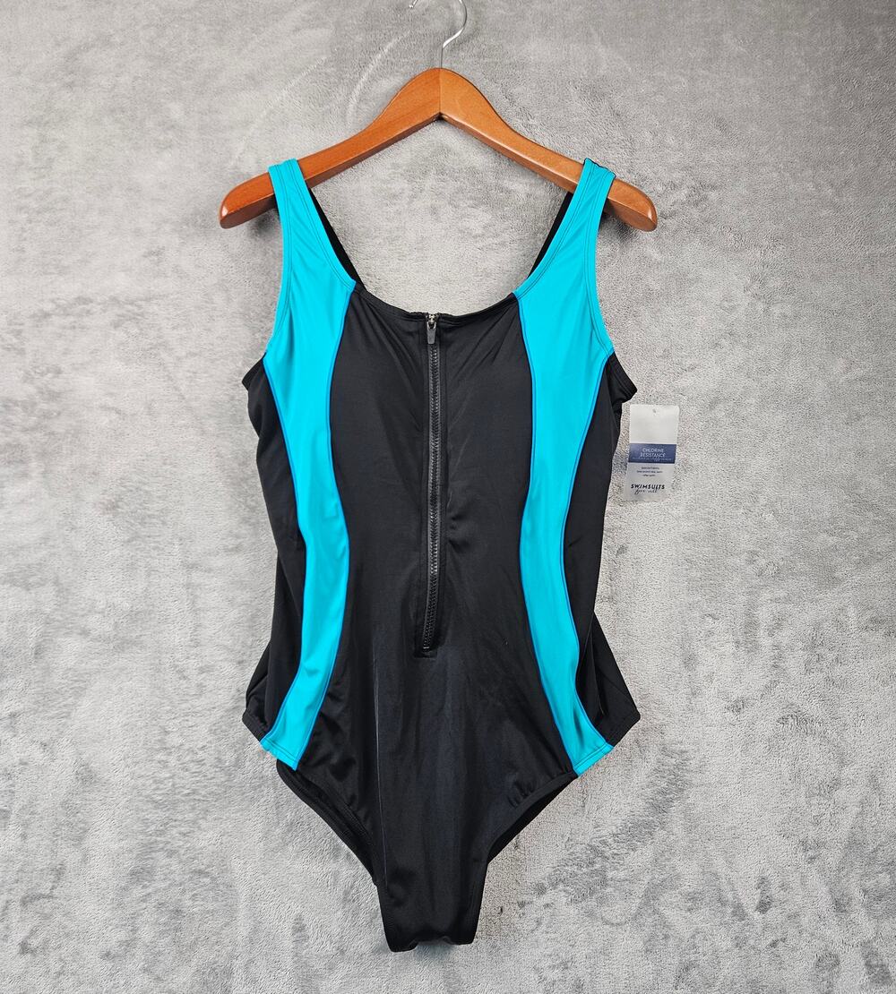 Swimsuits For All One Piece Swimsuit Womens 18 Black Blue Zip Front NWT